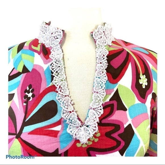 Liza Byrd Beach Cover-up FUNKY GROOVY Floral Tunic Lace Cotton - Picture 2 of 11